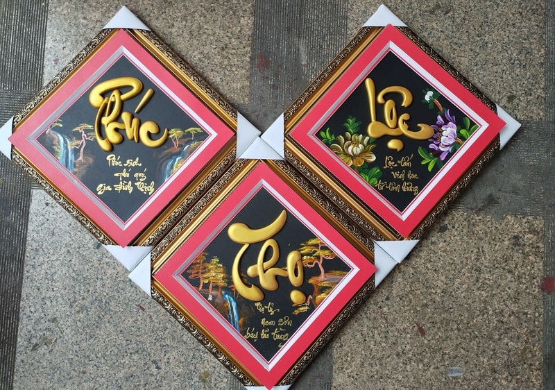 Bộ tranh thư pháp Phúc Lộc Thọ - Tranh giấy với đại tự bằng gỗ